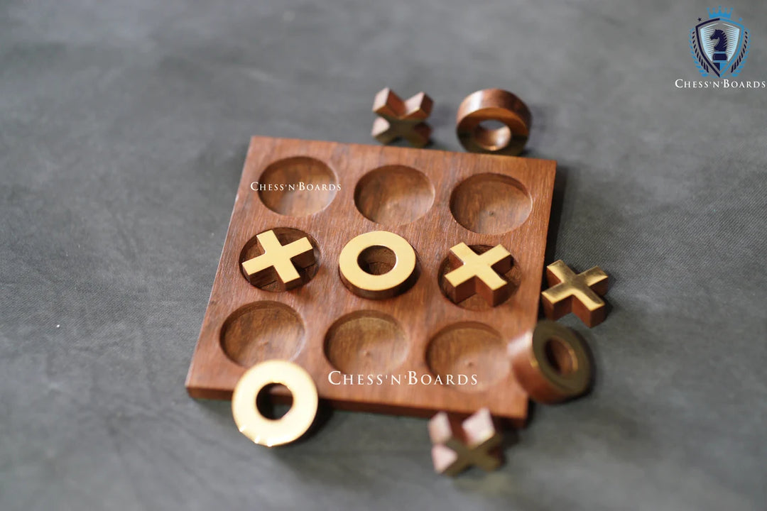 Brass Inlaid Tic Tak Toe Board Game 4.5 x 4.5" | Table Top Noughts and Crosses - Chess'n'Boards