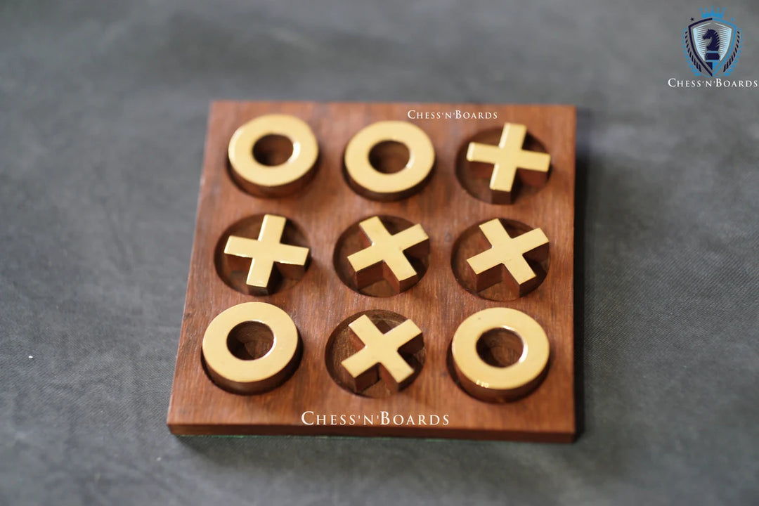 Brass Inlaid Tic Tak Toe Board Game 4.5 x 4.5" | Table Top Noughts and Crosses - Chess'n'Boards