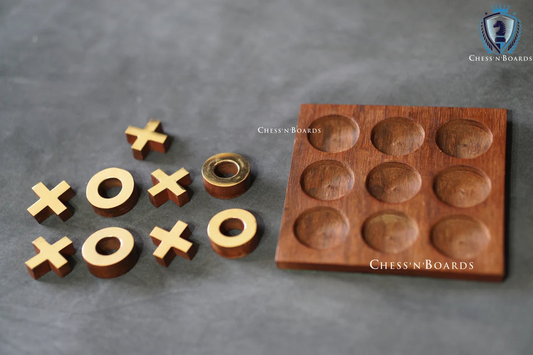 Brass Inlaid Tic Tak Toe Board Game 4.5 x 4.5" | Table Top Noughts and Crosses - Chess'n'Boards