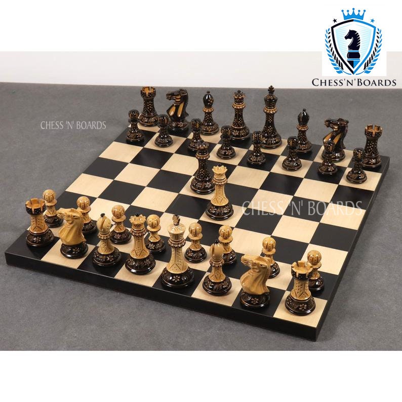 Pyrographed Classic -Staunton Style Tournament Chess set/ Burnt Boxwood Staunton Style Chess Pieces - Chess'n'Boards