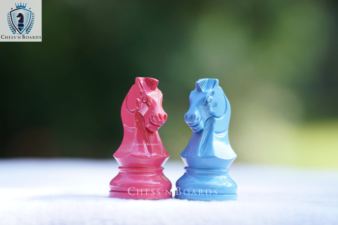 1950 Dubrovnik Bobby Fischer Reproduced Chess Pieces in Blue-Pink - Chess'n'Boards