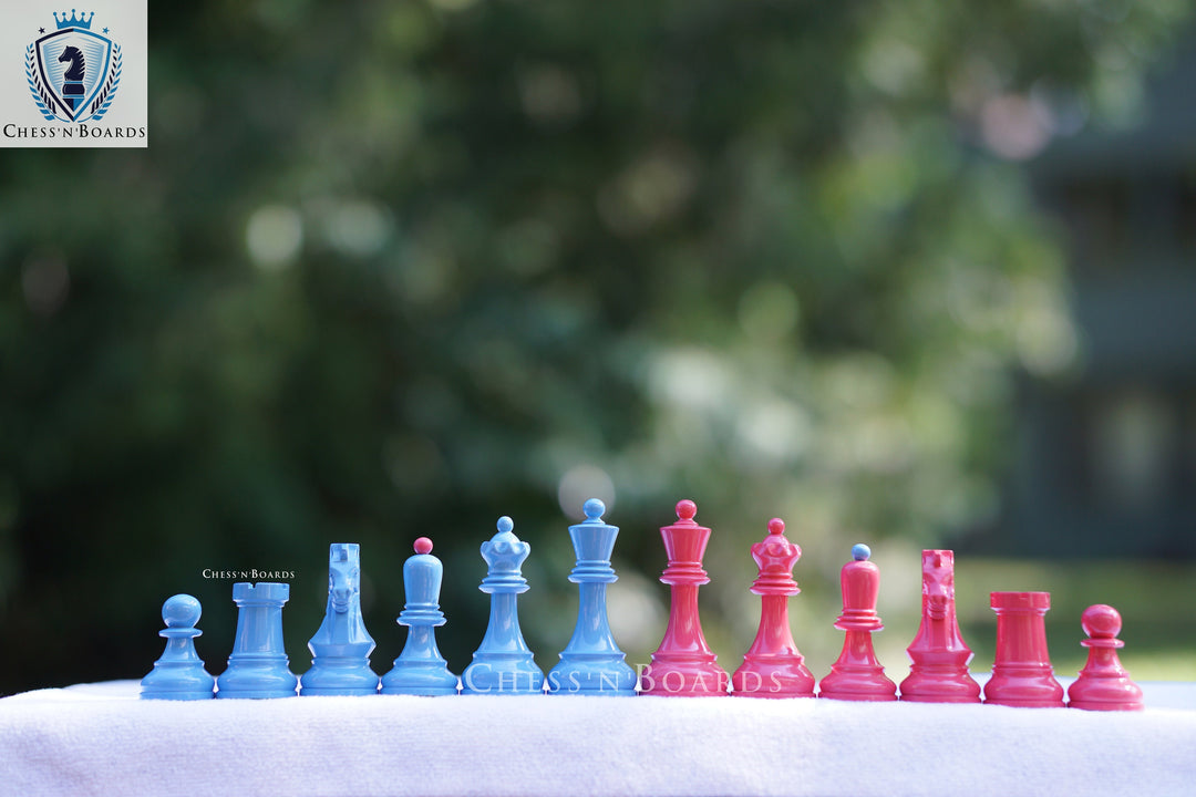 1950 Dubrovnik Bobby Fischer Reproduced Chess Pieces in Blue-Pink - Chess'n'Boards