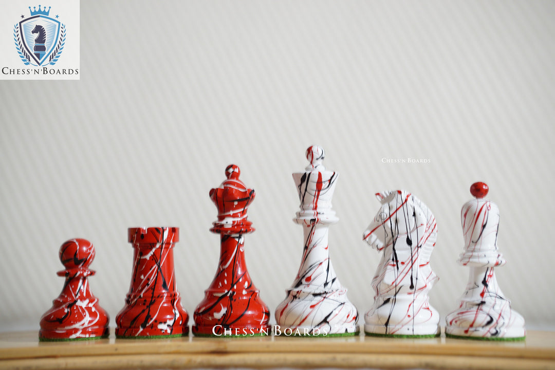 1950 Dubrovnik Bobby Fischer Reproduced Chess Pieces in Patterned Red and White Color - Chess'n'Boards