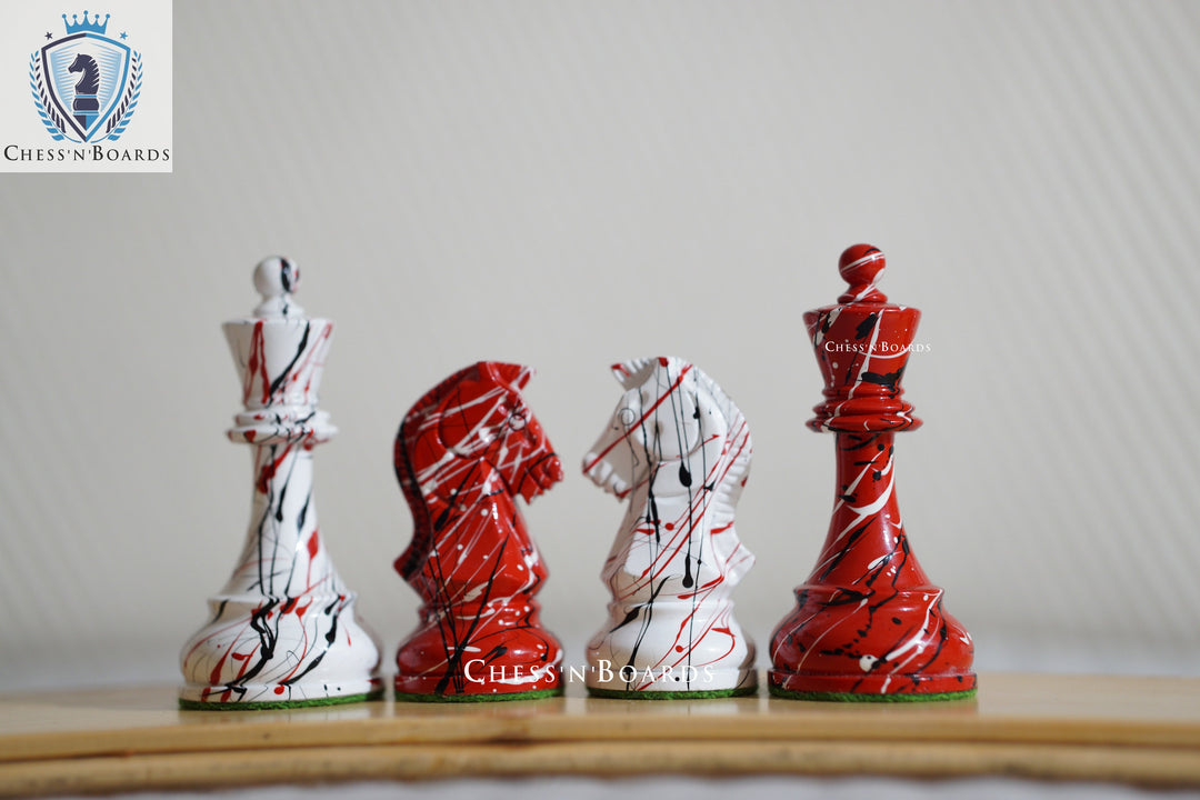 1950 Dubrovnik Bobby Fischer Reproduced Chess Pieces in Patterned Red and White Color - Chess'n'Boards