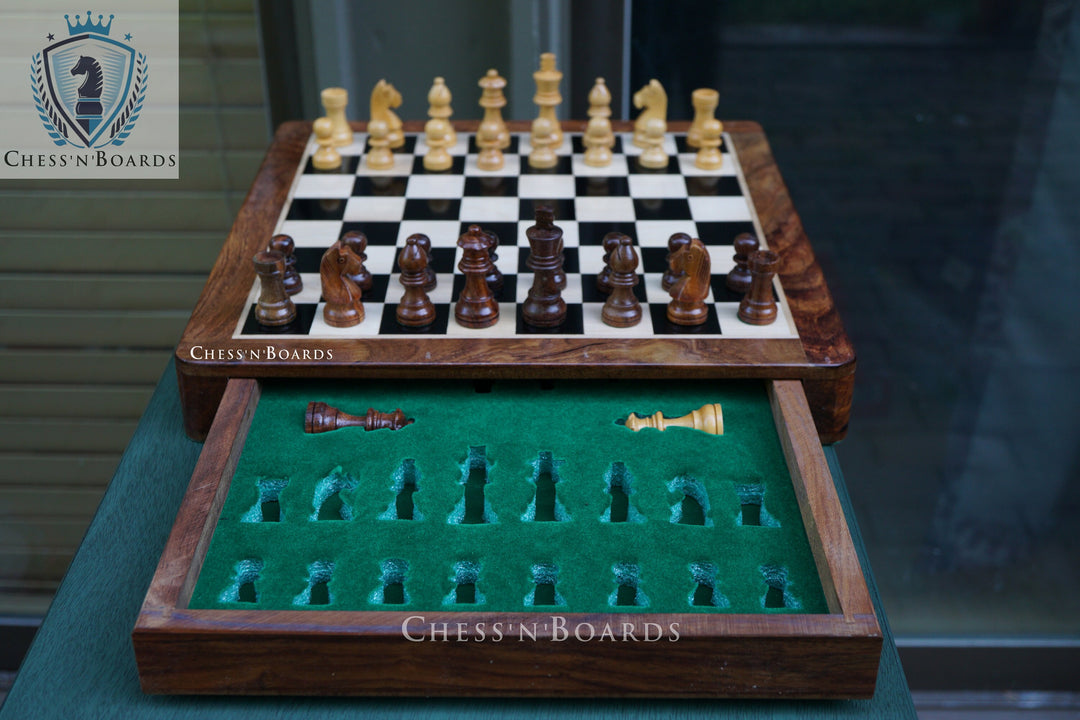 Indian Handmade Wooden Drawer Chess Board Set With Storage Drawer, 10 Inches - Chess'n'Boards