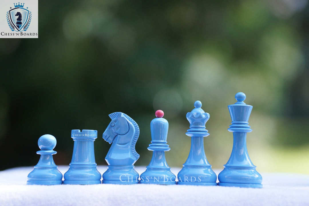 1950 Dubrovnik Bobby Fischer Reproduced Chess Pieces in Blue-Pink - Chess'n'Boards