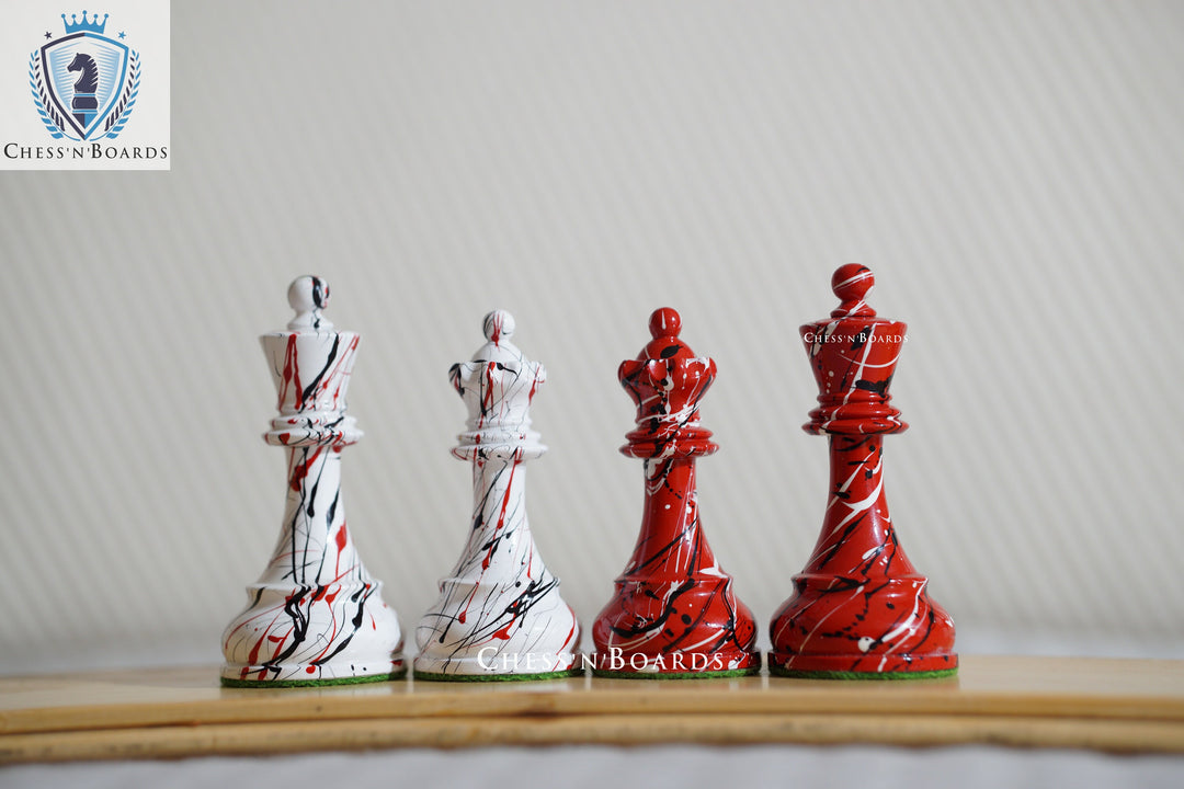 1950 Dubrovnik Bobby Fischer Reproduced Chess Pieces in Patterned Red and White Color - Chess'n'Boards