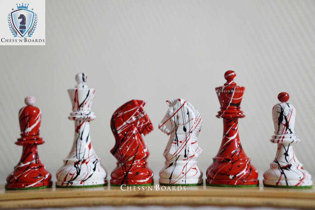 1950 Dubrovnik Bobby Fischer Reproduced Chess Pieces in Patterned Red and White Color - Chess'n'Boards