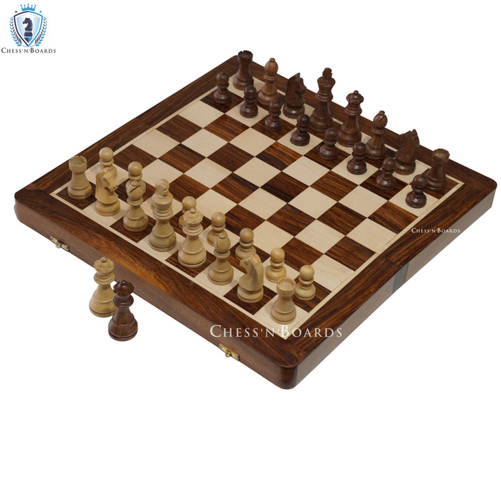 Traveling Magnetic Chess Set Handmade Staunton Sheesham Wood 18" with two Extra Queens - Chess'n'Boards