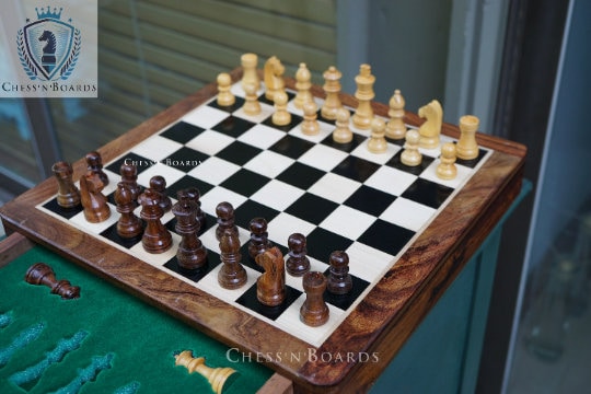 Indian Handmade Wooden Drawer Chess Board Set with Storage, Size 12"x 12" - Chess'n'Boards