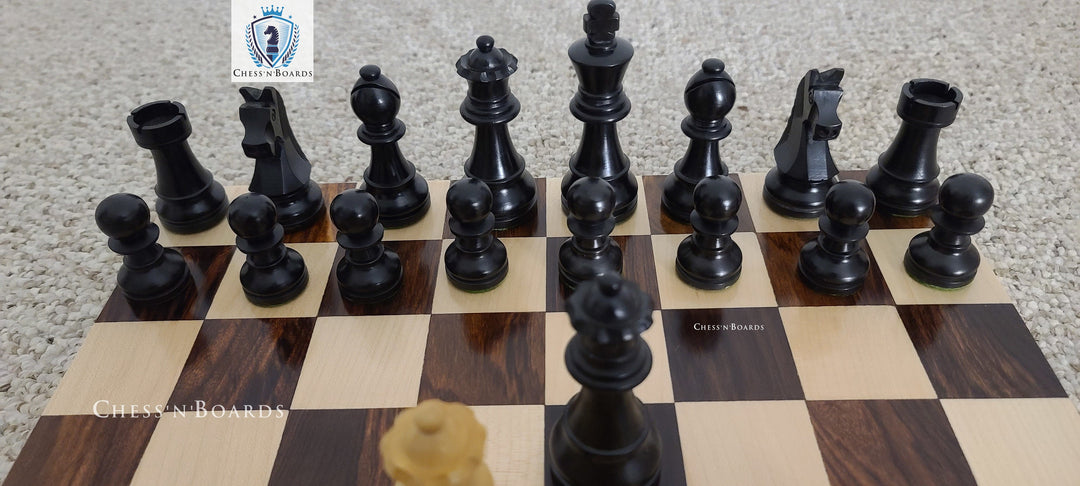 Combo Chess Set | Tournament Series Ebonized German Knight Chess Pieces with Modern Walnut Board - Chess'n'Boards