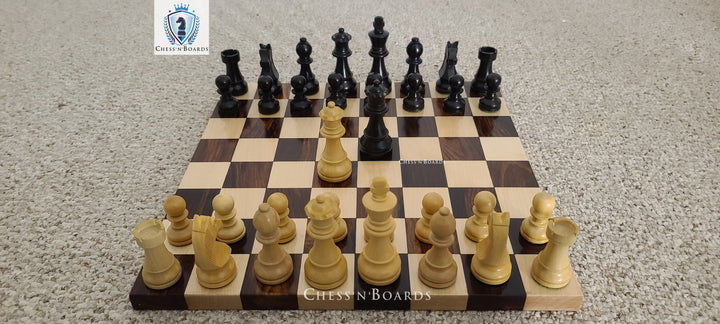 Combo Chess Set | Tournament Series Ebonized German Knight Chess Pieces with Modern Walnut Board - Chess'n'Boards