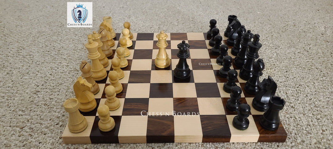 Combo Chess Set | Tournament Series Ebonized German Knight Chess Pieces with Modern Walnut Board - Chess'n'Boards