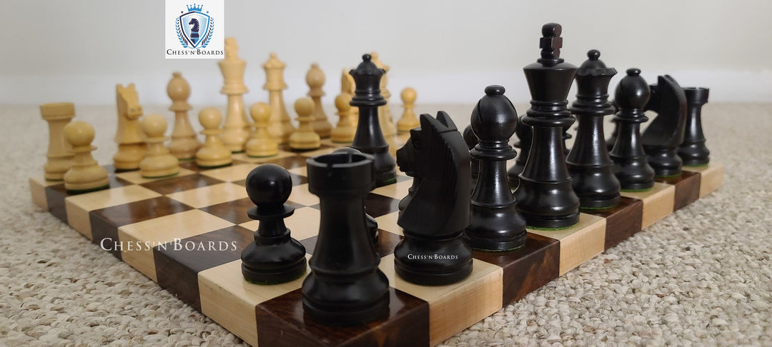 Combo Chess Set | Tournament Series Ebonized German Knight Chess Pieces with Modern Walnut Board - Chess'n'Boards