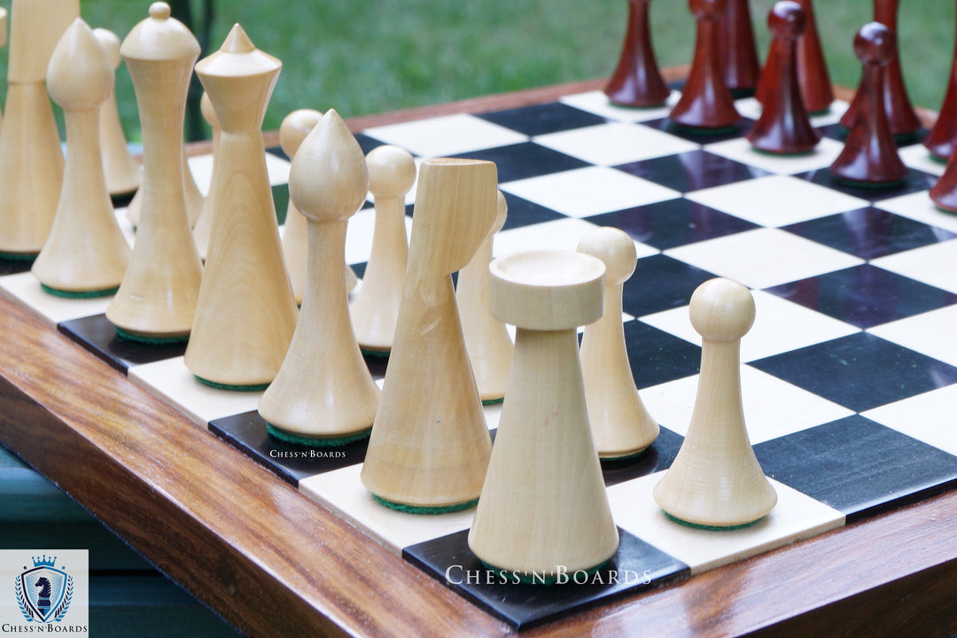 Combo Chess Set | Minimalist Style Modern Design Hermann Ohme Padauk Wood Chess Set with Endgrain Ebony Board - Chess'n'Boards