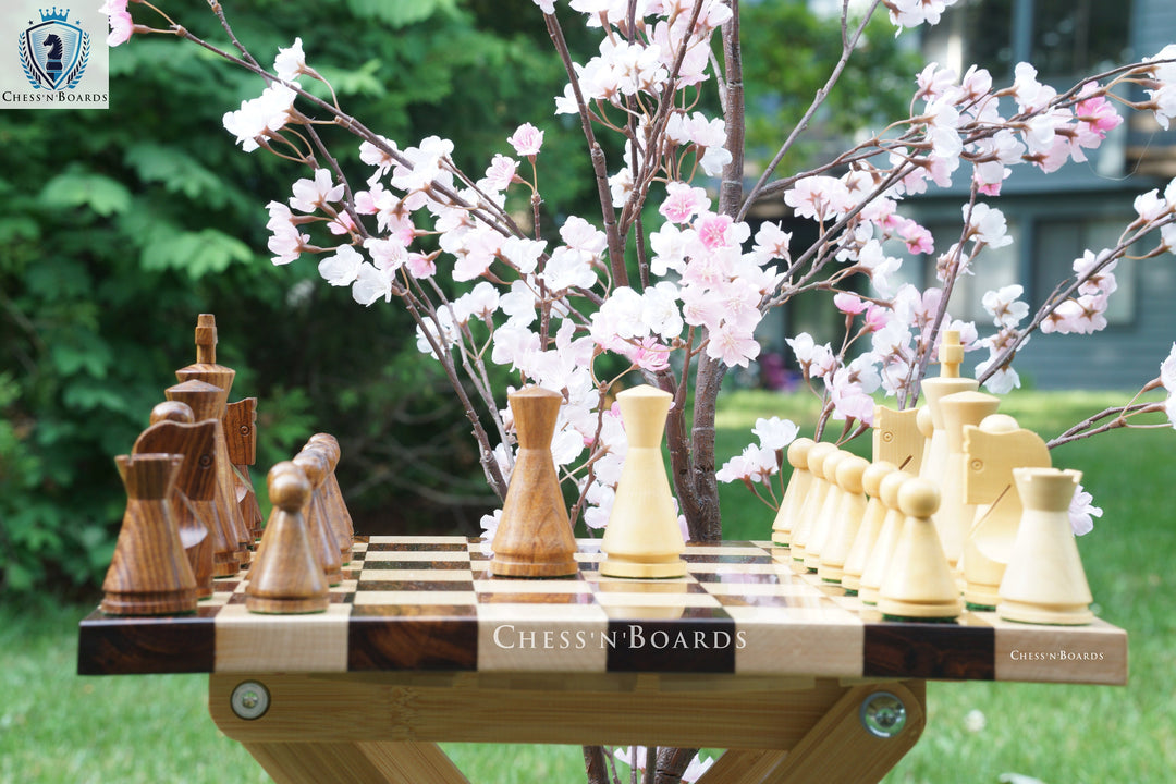 Russian Poni  Chess Pieces with Double Sided Modern Walnut: Maple Board - Chess'n'Boards