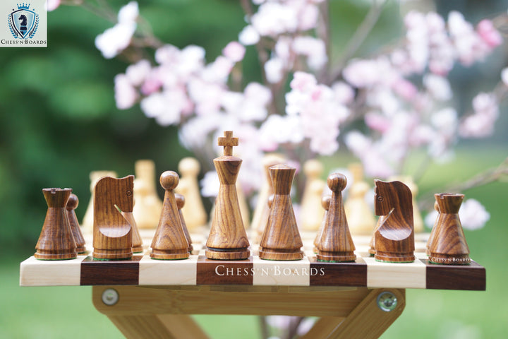 Russian Poni  Chess Pieces with Double Sided Modern Walnut: Maple Board - Chess'n'Boards