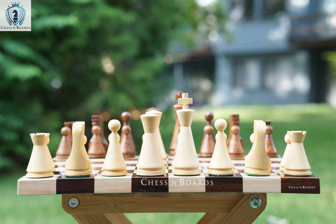 Russian Poni  Chess Pieces with Double Sided Modern Walnut: Maple Board - Chess'n'Boards