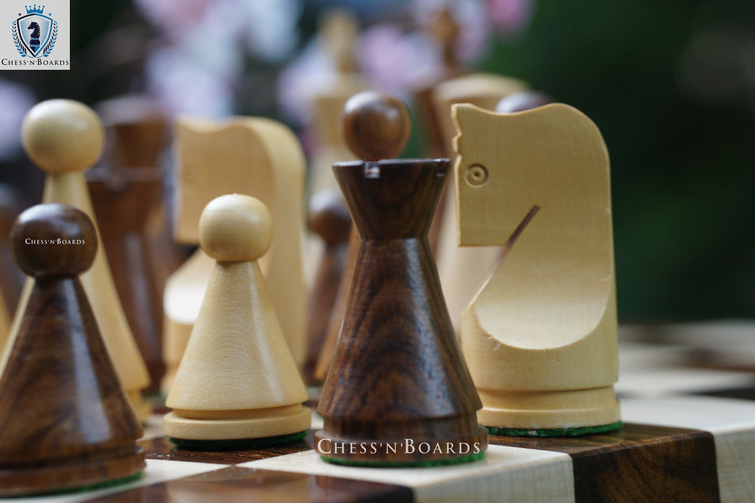 Russian Poni  Chess Pieces with Double Sided Modern Walnut: Maple Board - Chess'n'Boards