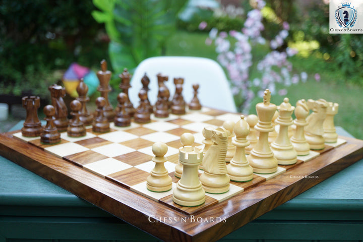 Combo Chess Set | British Staunton King 4" Handmade Indian Rosewood Tournament Chess Set with Endgrain Chessboard - Chess'n'Boards