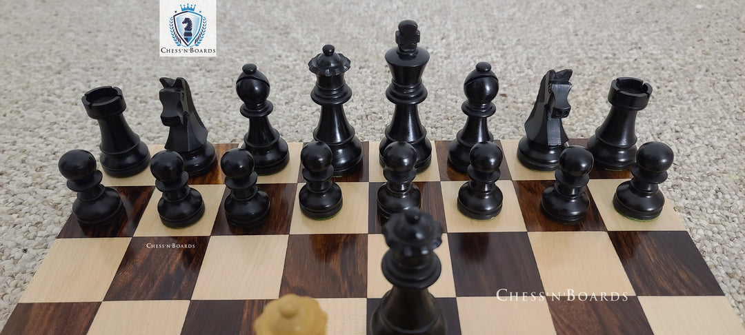 Combo Chess Set | Tournament Series Ebonized German Knight Chess Pieces with Modern Walnut Board - Chess'n'Boards