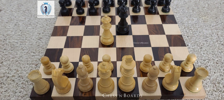 Combo Chess Set | Tournament Series Ebonized German Knight Chess Pieces with Modern Walnut Board - Chess'n'Boards