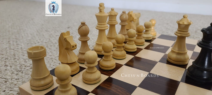 Combo Chess Set | Tournament Series Ebonized German Knight Chess Pieces with Modern Walnut Board - Chess'n'Boards