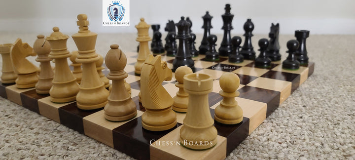 Combo Chess Set | Tournament Series Ebonized German Knight Chess Pieces with Modern Walnut Board - Chess'n'Boards