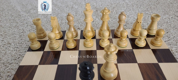 Combo Chess Set | Tournament Series Ebonized German Knight Chess Pieces with Modern Walnut Board - Chess'n'Boards