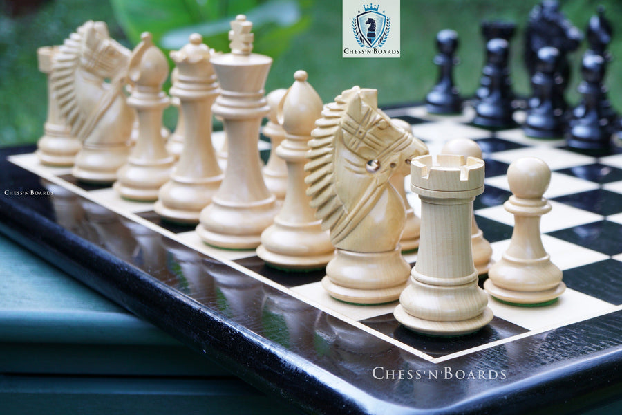 Combo Chess Set | Rio Staunton Series Biggy Knight Chess Set in Ebony and Boxwood with Ebony Board - Chess'n'Boards