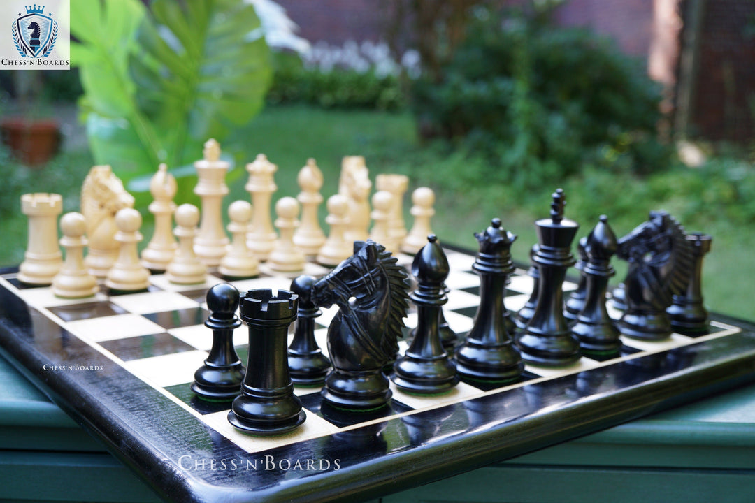 Combo Chess Set | Rio Staunton Series Biggy Knight Chess Set in Ebony and Boxwood with Ebony Board - Chess'n'Boards