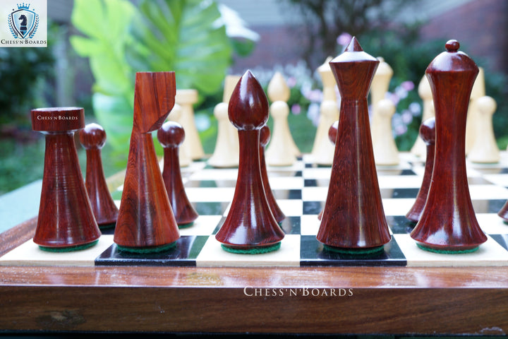 Combo Chess Set | Minimalist Style Modern Design Hermann Ohme Padauk Wood Chess Set with Endgrain Ebony Board - Chess'n'Boards