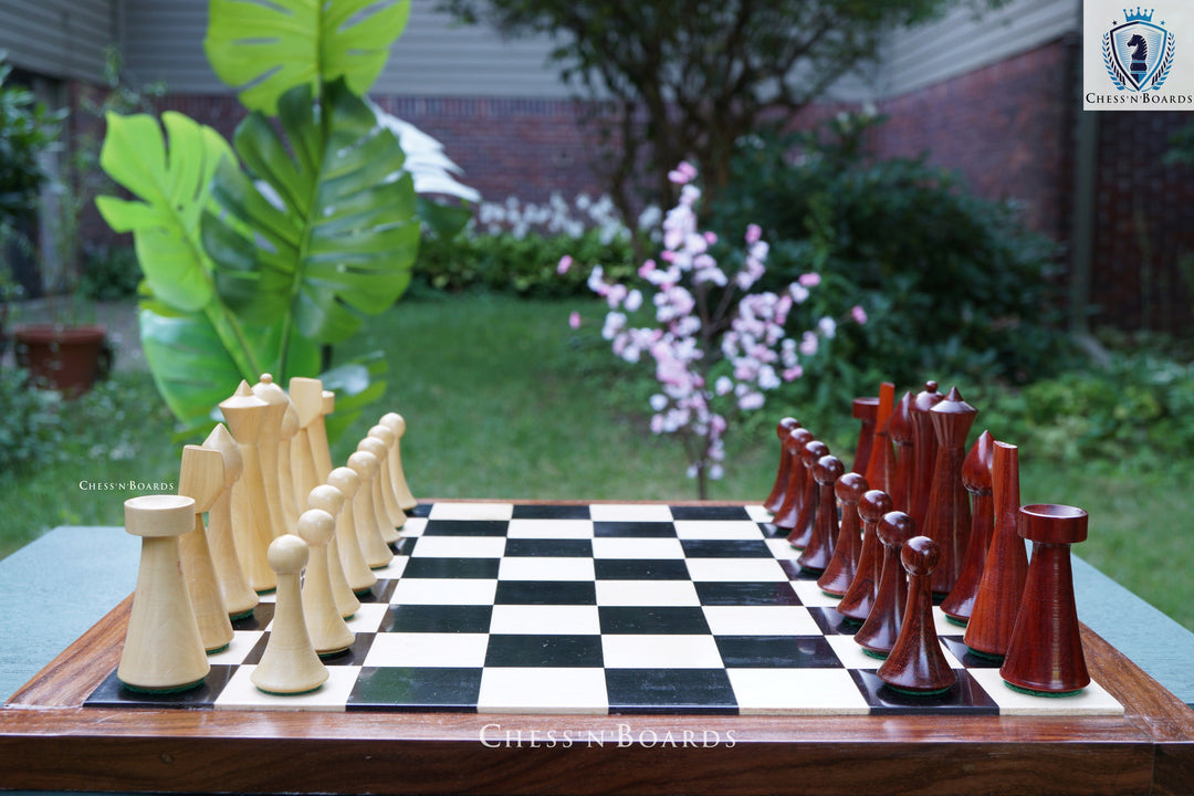 Combo Chess Set | Minimalist Style Modern Design Hermann Ohme Padauk Wood Chess Set with Endgrain Ebony Board - Chess'n'Boards