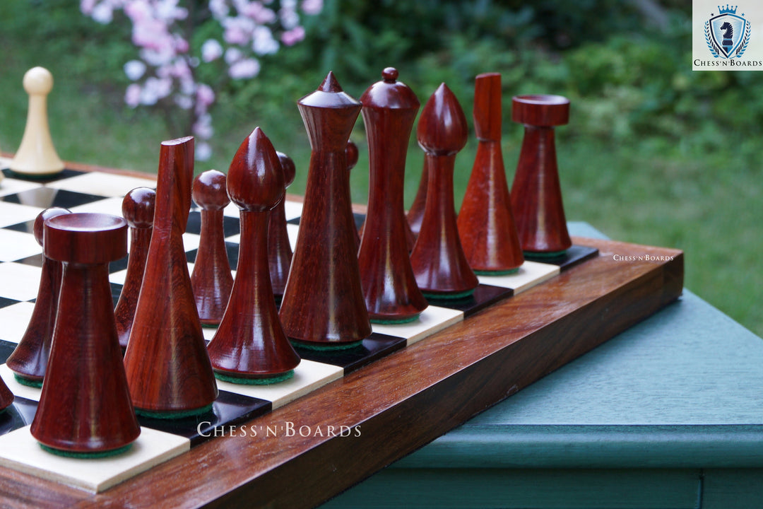 Combo Chess Set | Minimalist Style Modern Design Hermann Ohme Padauk Wood Chess Set with Endgrain Ebony Board - Chess'n'Boards