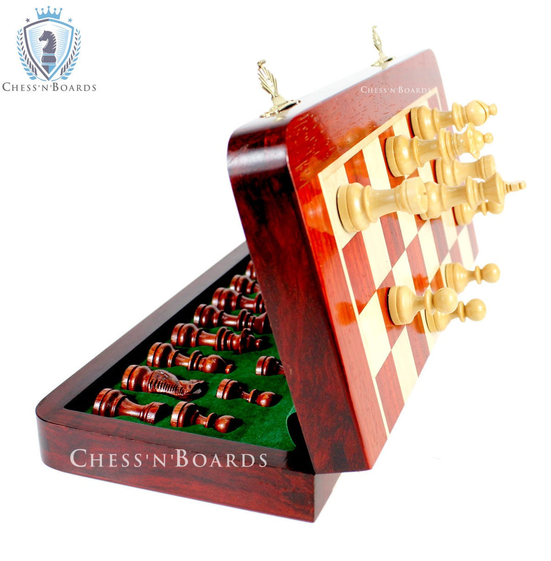 12" Wooden Chess Set Travel Magnetic Folding Board made of Bud Rosewood - Chess'n'Boards