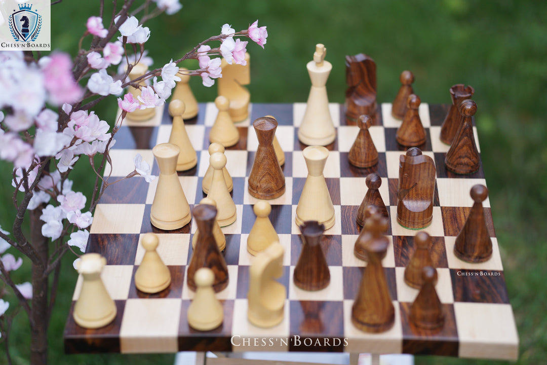Russian Poni  Chess Pieces with Double Sided Modern Walnut: Maple Board - Chess'n'Boards