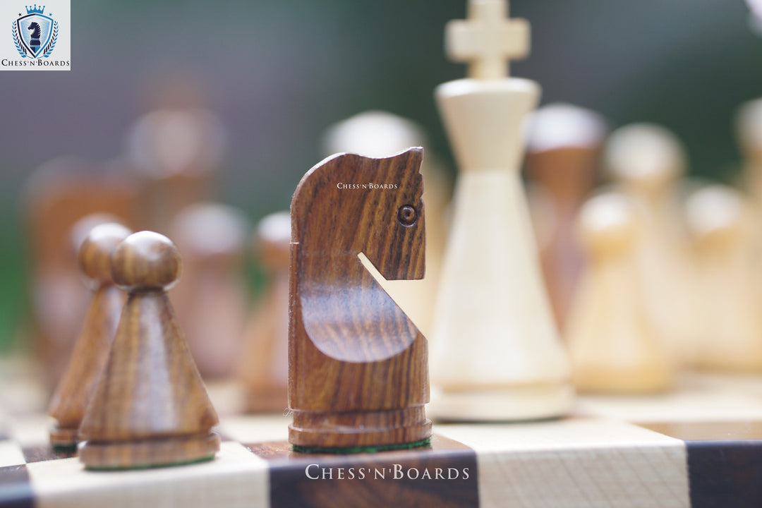 Russian Poni  Chess Pieces with Double Sided Modern Walnut: Maple Board - Chess'n'Boards