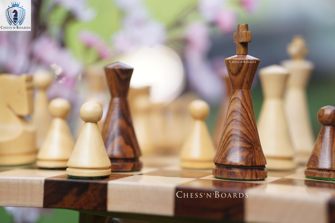 Russian Poni  Chess Pieces with Double Sided Modern Walnut: Maple Board - Chess'n'Boards