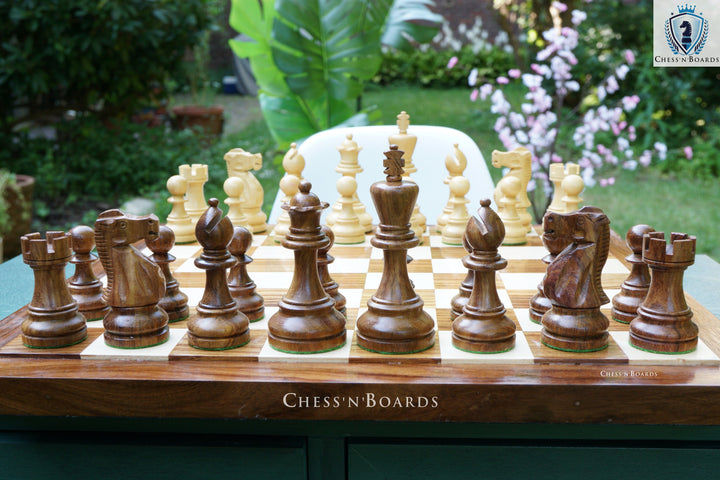 Combo Chess Set | British Staunton King 4" Handmade Indian Rosewood Tournament Chess Set with Endgrain Chessboard - Chess'n'Boards