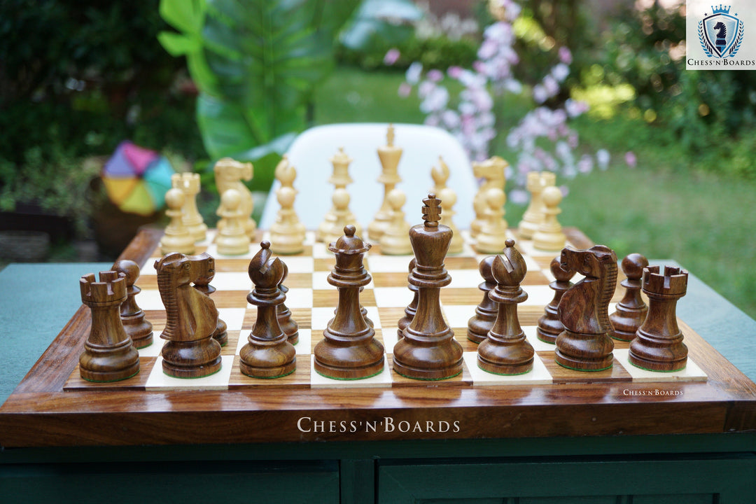 Combo Chess Set | British Staunton King 4" Handmade Indian Rosewood Tournament Chess Set with Endgrain Chessboard - Chess'n'Boards