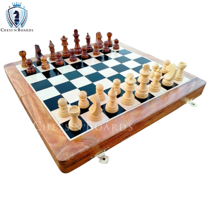 12" Wooden Black Travel Folding Chess Board With Magnetic Chess Pieces Set | Christmas Gift - Chess'n'Boards