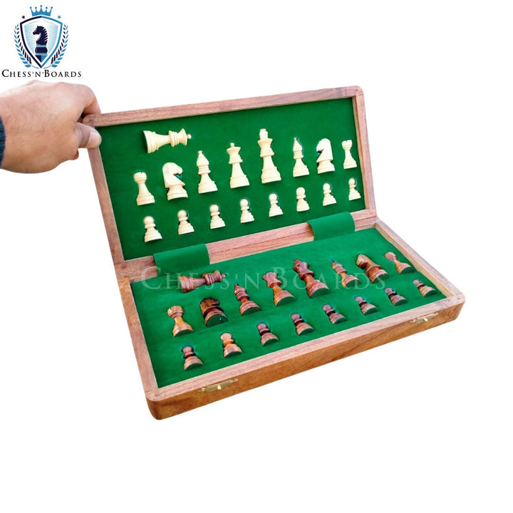 12" Wooden Black Travel Folding Chess Board With Magnetic Chess Pieces Set | Christmas Gift - Chess'n'Boards