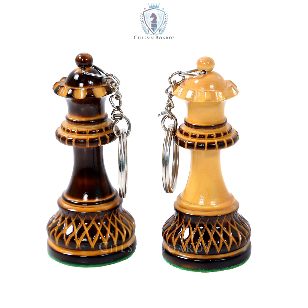 Queen Chess Piece Key Chains in Burnt Boxwood with ecstatic hand carving - Chess'n'Boards