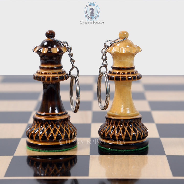 Queen Chess Piece Key Chains in Burnt Boxwood with ecstatic hand carving - Chess'n'Boards