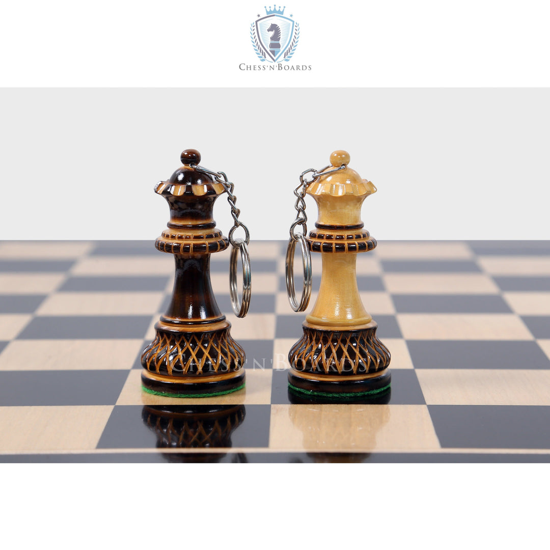 Queen Chess Piece Key Chains in Burnt Boxwood with ecstatic hand carving - Chess'n'Boards