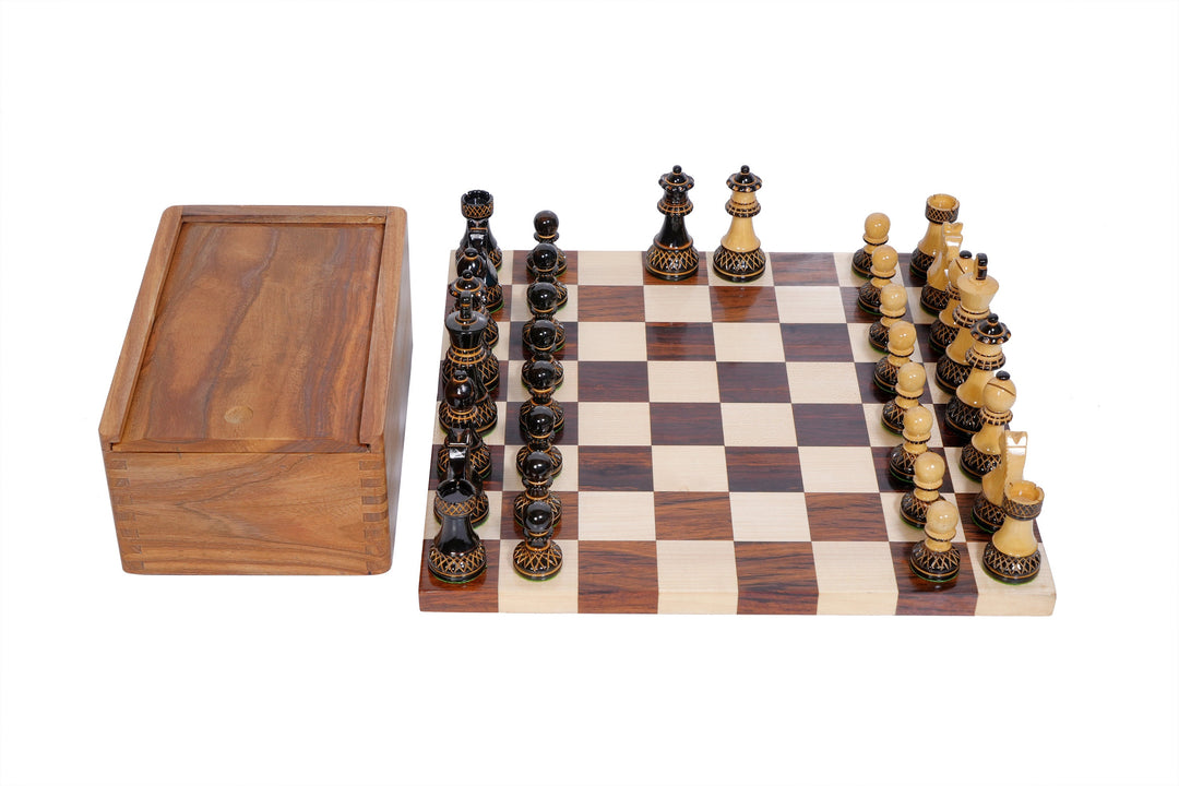 Burnt German Knight Wooden Chess set with Walnut: Maple Board